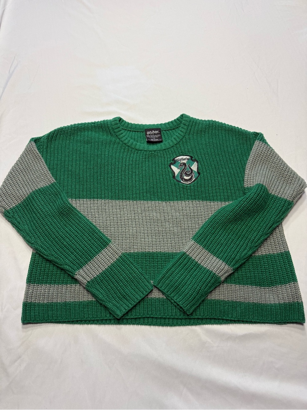 Harry Potter Slytherin Knit Sweater Green Grey Striped Crest